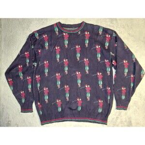 VTG Orvis Sweater Men’s XL Blue Golf All Over Print Knit Jumper Pullover 90s